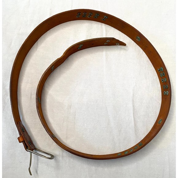 Tooled Leather Belt Metal Studs & Ram Head Coins Adjusts 28 1/2\